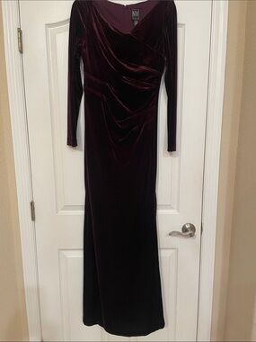 Night Way Collections Velvet Long Sleeve Wrap Gown in Deep Plum